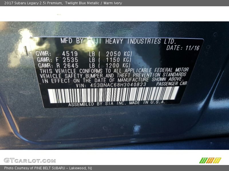 Twilight Blue Metallic / Warm Ivory 2017 Subaru Legacy 2.5i Premium