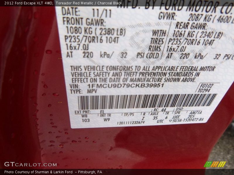 Toreador Red Metallic / Charcoal Black 2012 Ford Escape XLT 4WD