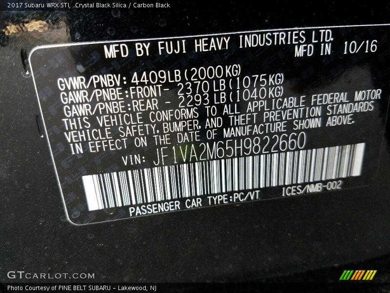 Crystal Black Silica / Carbon Black 2017 Subaru WRX STI