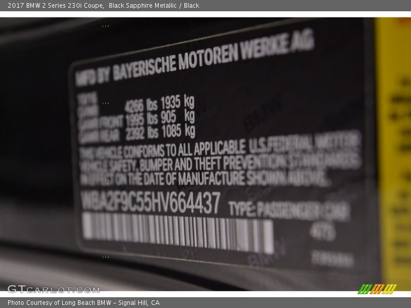 Black Sapphire Metallic / Black 2017 BMW 2 Series 230i Coupe