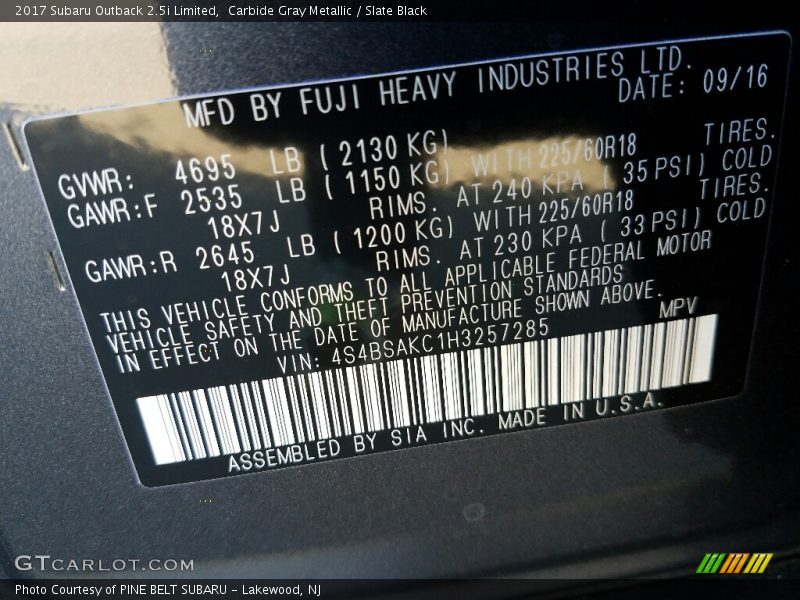 Carbide Gray Metallic / Slate Black 2017 Subaru Outback 2.5i Limited