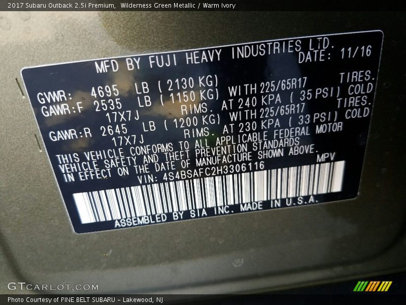 Wilderness Green Metallic / Warm Ivory 2017 Subaru Outback 2.5i Premium