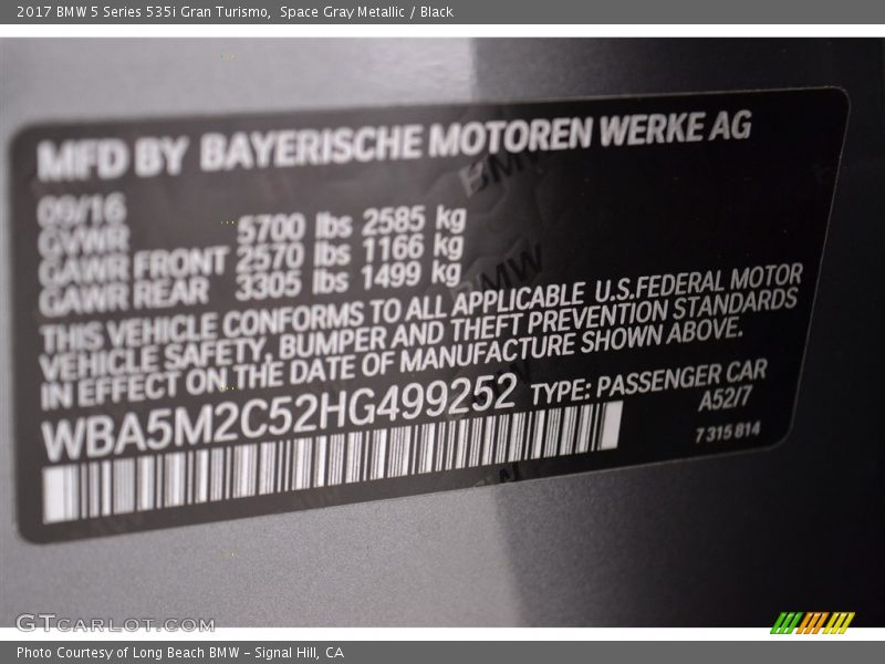 2017 5 Series 535i Gran Turismo Space Gray Metallic Color Code A52