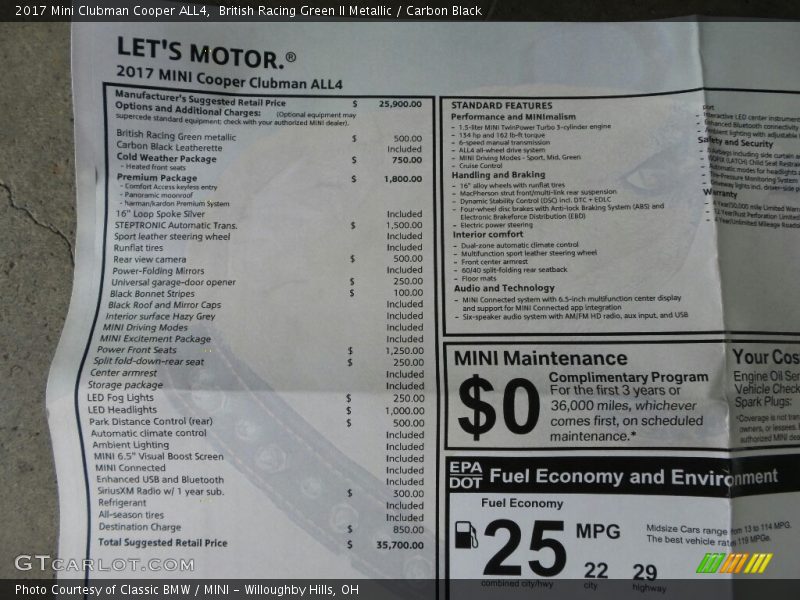 British Racing Green II Metallic / Carbon Black 2017 Mini Clubman Cooper ALL4