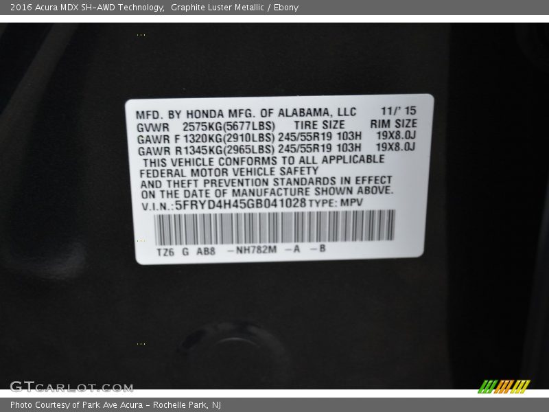 Graphite Luster Metallic / Ebony 2016 Acura MDX SH-AWD Technology
