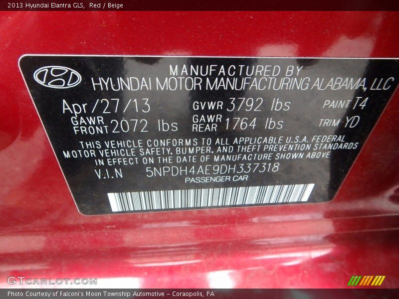 Red / Beige 2013 Hyundai Elantra GLS