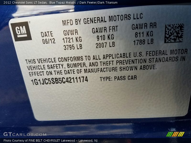 Blue Topaz Metallic / Dark Pewter/Dark Titanium 2012 Chevrolet Sonic LT Sedan
