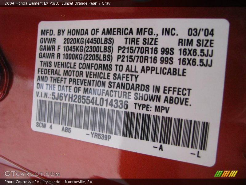 Sunset Orange Pearl / Gray 2004 Honda Element EX AWD