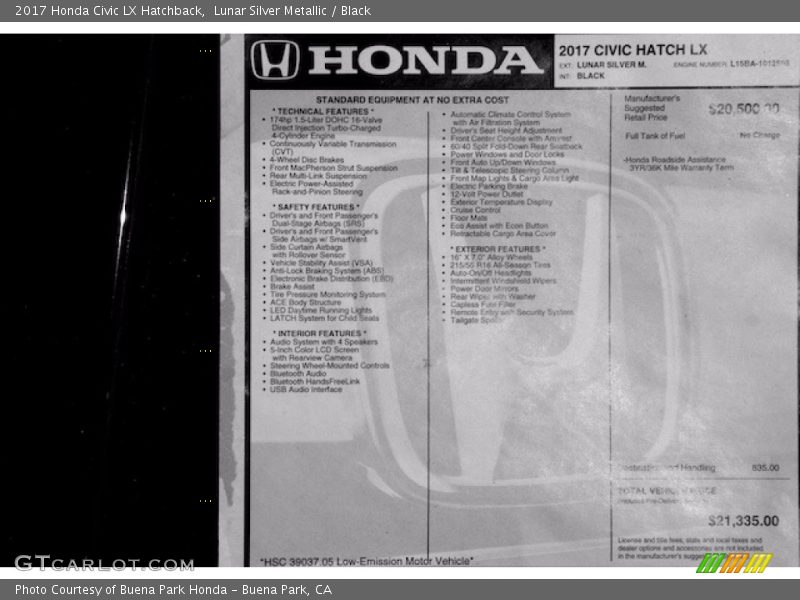  2017 Civic LX Hatchback Window Sticker