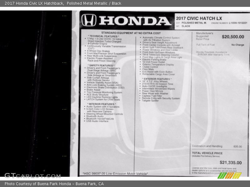  2017 Civic LX Hatchback Window Sticker