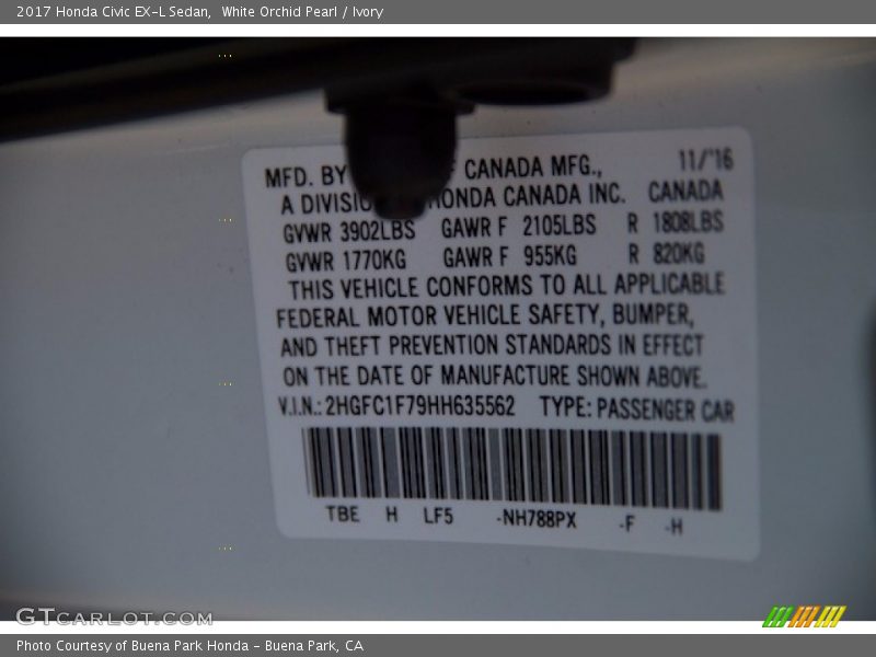 White Orchid Pearl / Ivory 2017 Honda Civic EX-L Sedan