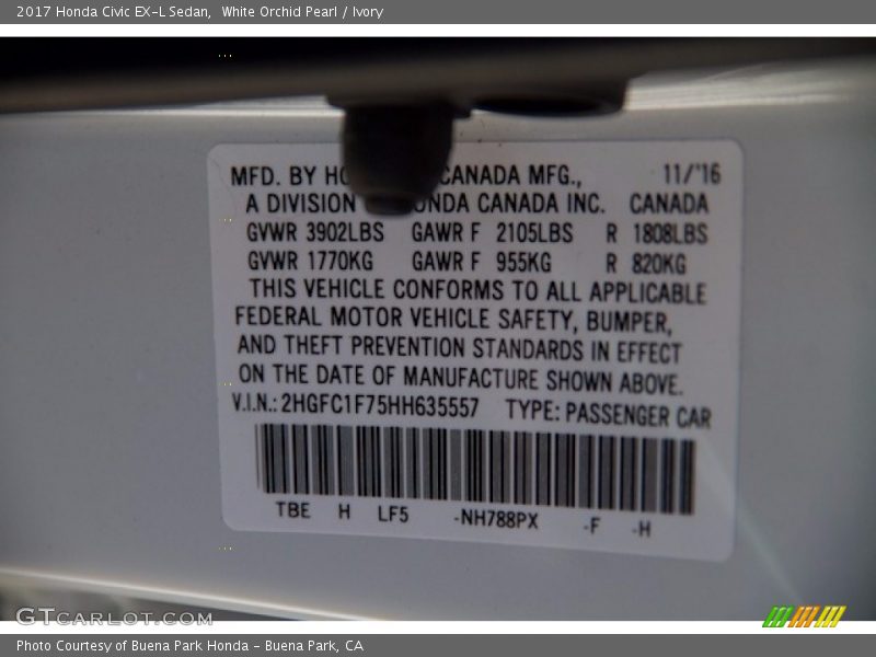 White Orchid Pearl / Ivory 2017 Honda Civic EX-L Sedan