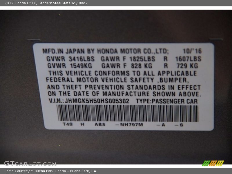 2017 Fit LX Modern Steel Metallic Color Code NH797M