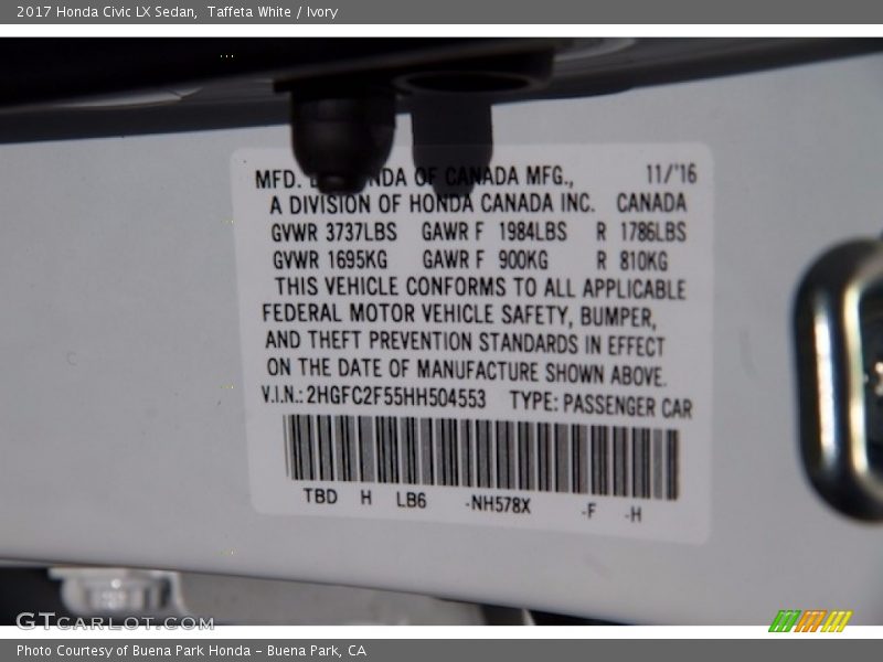 Taffeta White / Ivory 2017 Honda Civic LX Sedan