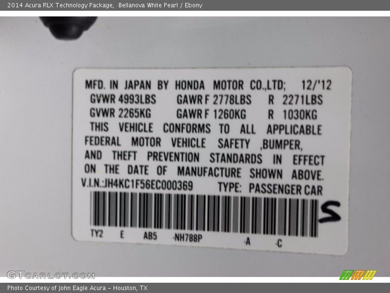 Bellanova White Pearl / Ebony 2014 Acura RLX Technology Package