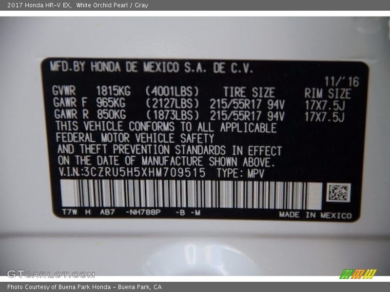 White Orchid Pearl / Gray 2017 Honda HR-V EX
