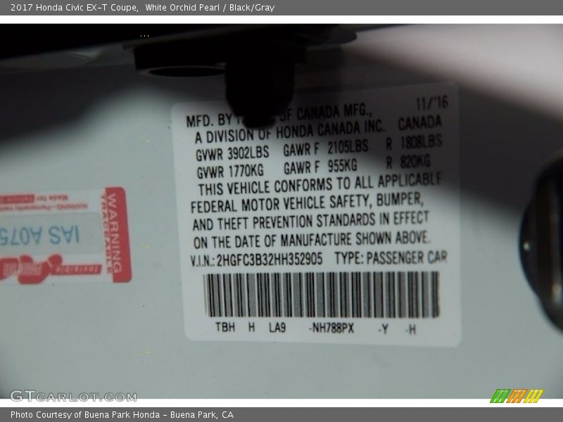 White Orchid Pearl / Black/Gray 2017 Honda Civic EX-T Coupe
