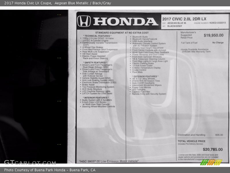 Aegean Blue Metallic / Black/Gray 2017 Honda Civic LX Coupe