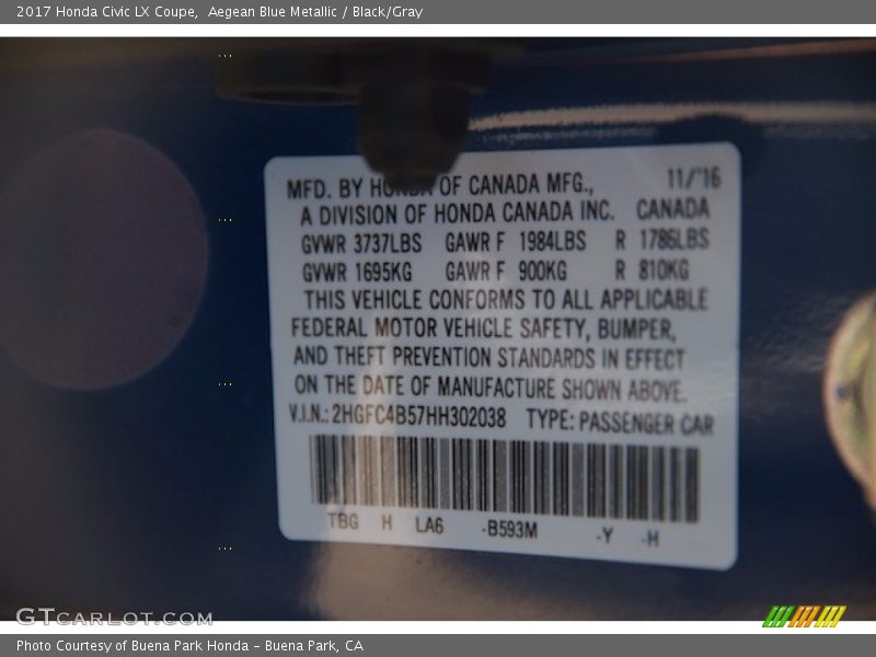 Aegean Blue Metallic / Black/Gray 2017 Honda Civic LX Coupe