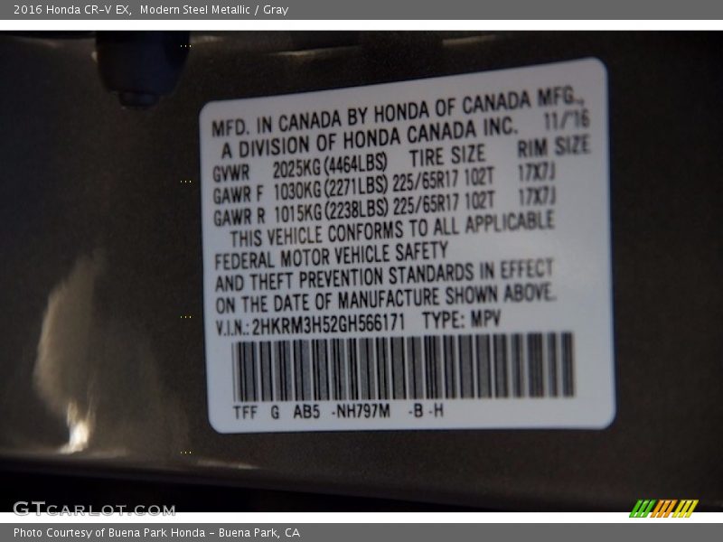 Modern Steel Metallic / Gray 2016 Honda CR-V EX