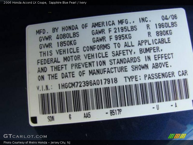 Sapphire Blue Pearl / Ivory 2006 Honda Accord LX Coupe