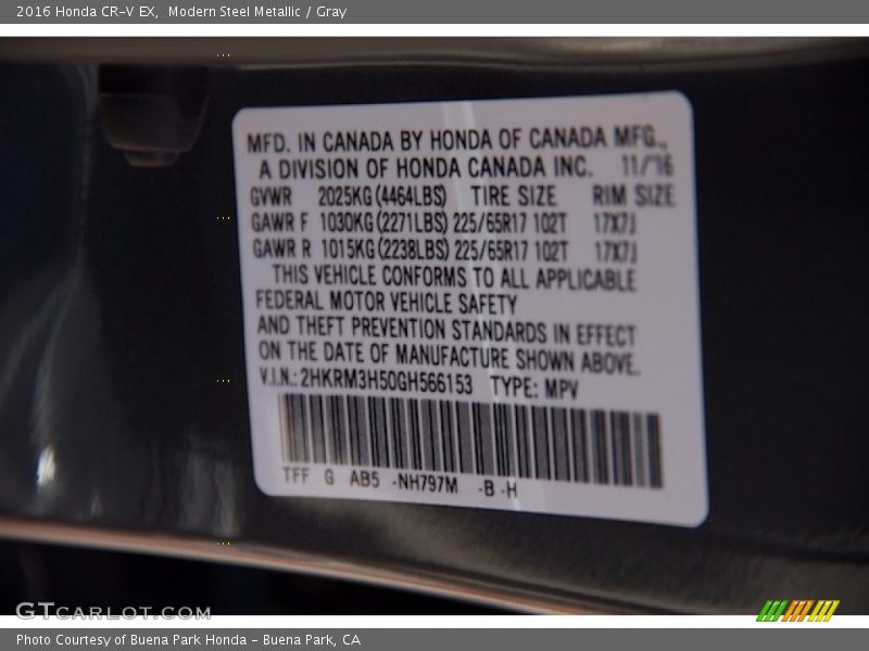 Modern Steel Metallic / Gray 2016 Honda CR-V EX