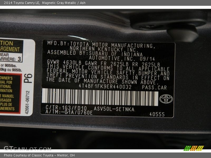 Magnetic Gray Metallic / Ash 2014 Toyota Camry LE