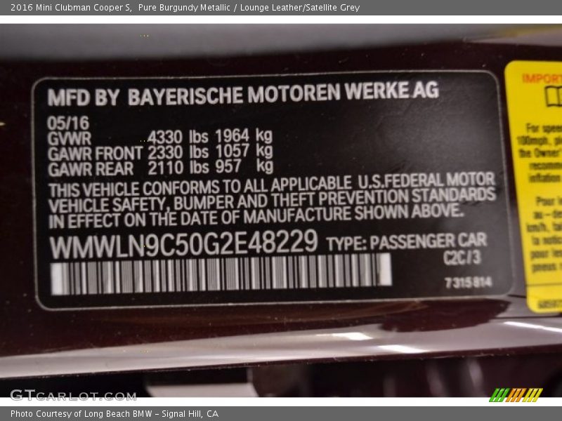 Pure Burgundy Metallic / Lounge Leather/Satellite Grey 2016 Mini Clubman Cooper S