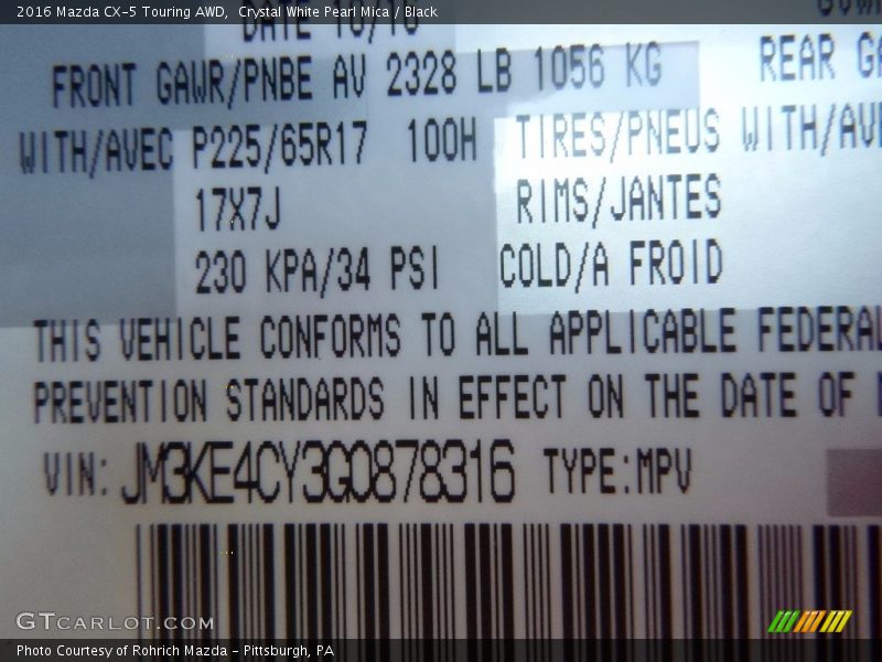 Crystal White Pearl Mica / Black 2016 Mazda CX-5 Touring AWD