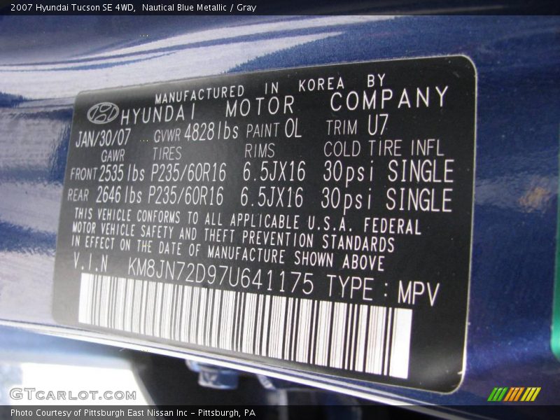 Nautical Blue Metallic / Gray 2007 Hyundai Tucson SE 4WD