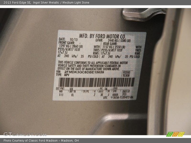 Ingot Silver Metallic / Medium Light Stone 2013 Ford Edge SE