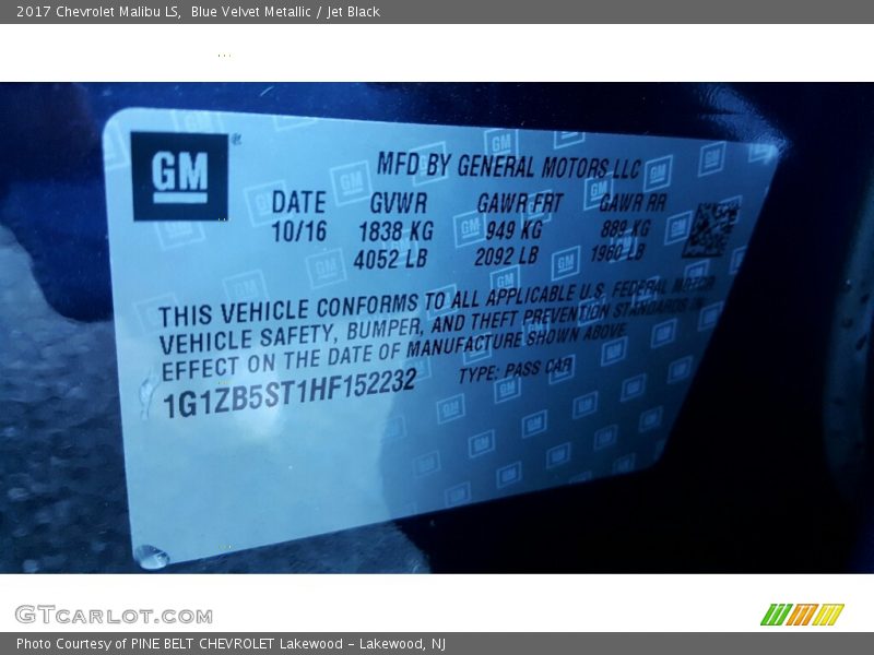 Blue Velvet Metallic / Jet Black 2017 Chevrolet Malibu LS
