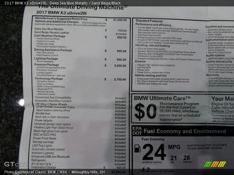 Deep Sea Blue Metallic / Sand Beige/Black 2017 BMW X3 xDrive28i