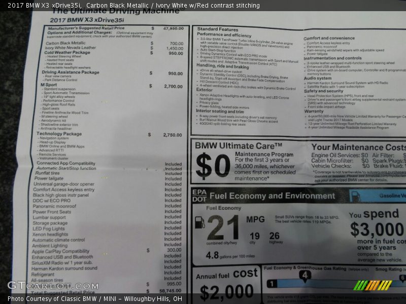 Carbon Black Metallic / Ivory White w/Red contrast stitching 2017 BMW X3 xDrive35i