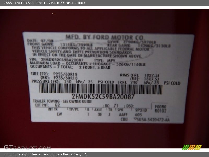 Redfire Metallic / Charcoal Black 2009 Ford Flex SEL