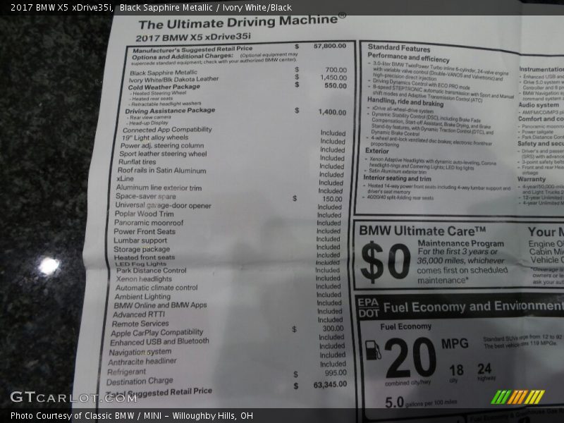 Black Sapphire Metallic / Ivory White/Black 2017 BMW X5 xDrive35i