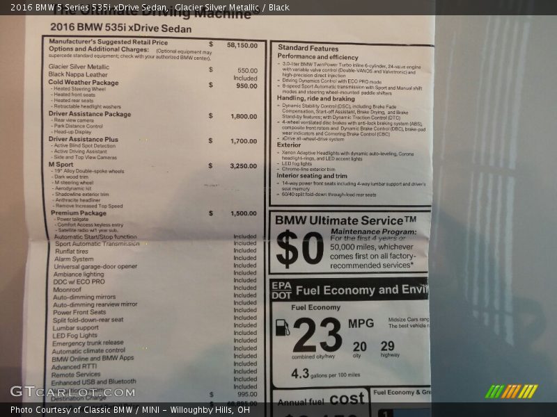  2016 5 Series 535i xDrive Sedan Window Sticker