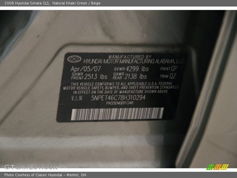 Natural Khaki Green / Beige 2008 Hyundai Sonata GLS