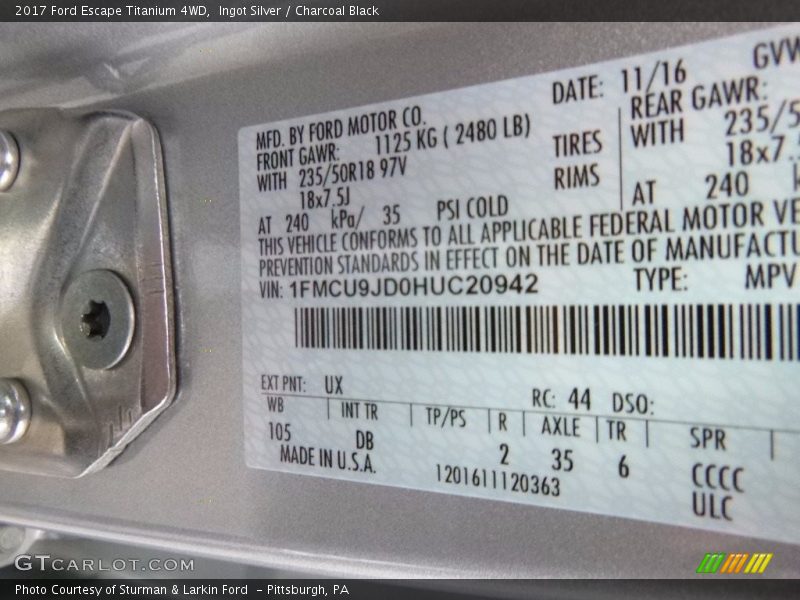 2017 Escape Titanium 4WD Ingot Silver Color Code UX