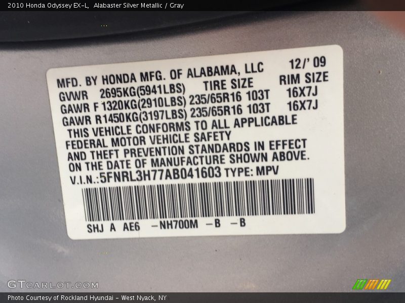 Alabaster Silver Metallic / Gray 2010 Honda Odyssey EX-L