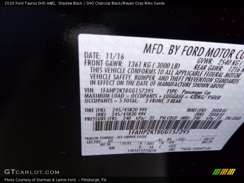2016 Taurus SHO AWD Shadow Black Color Code G1