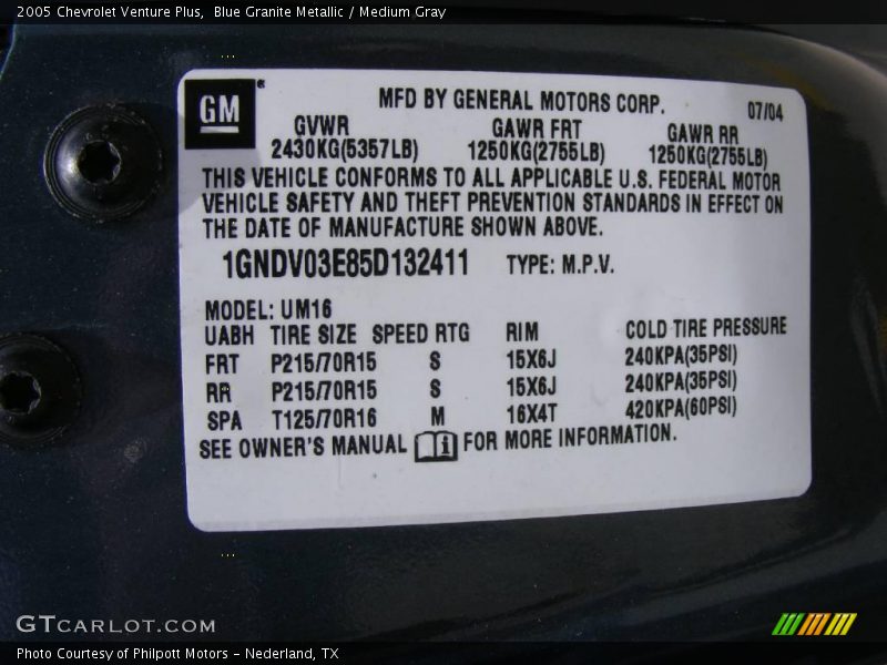 Blue Granite Metallic / Medium Gray 2005 Chevrolet Venture Plus