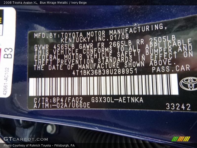 Blue Mirage Metallic / Ivory Beige 2008 Toyota Avalon XL