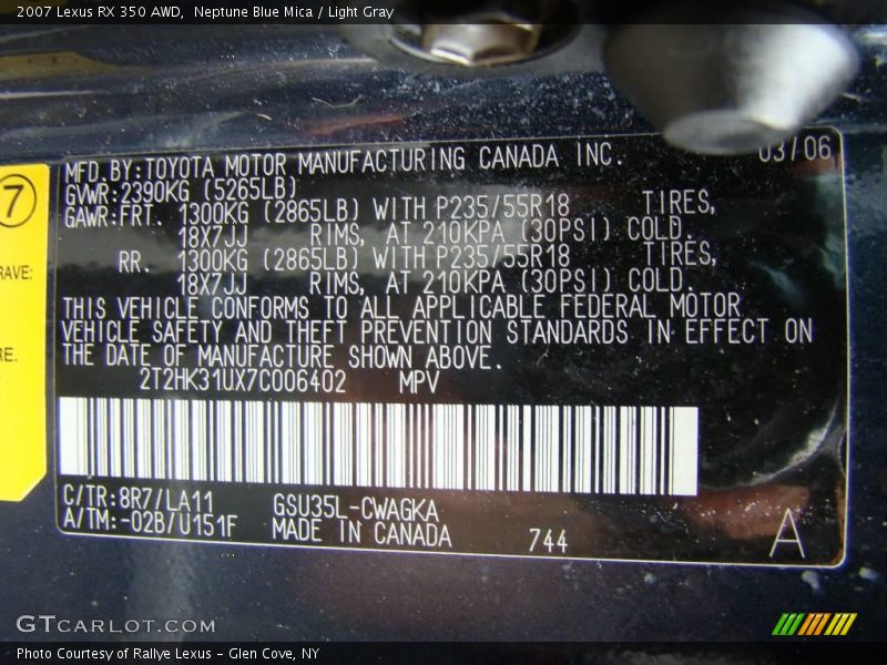 Neptune Blue Mica / Light Gray 2007 Lexus RX 350 AWD