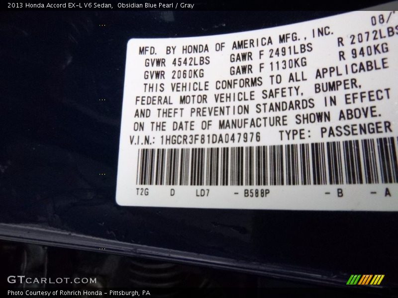 Obsidian Blue Pearl / Gray 2013 Honda Accord EX-L V6 Sedan