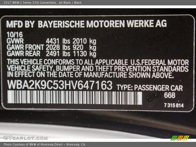 Jet Black / Black 2017 BMW 2 Series 230i Convertible