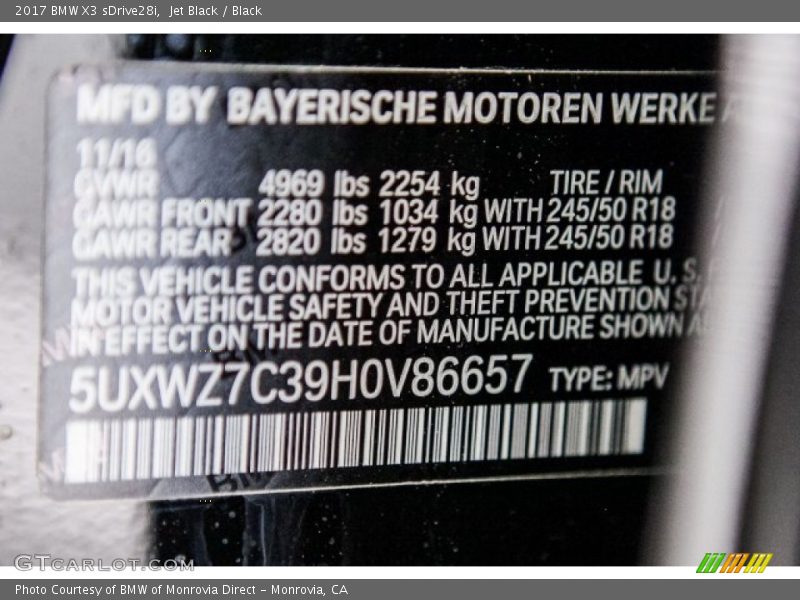 Jet Black / Black 2017 BMW X3 sDrive28i