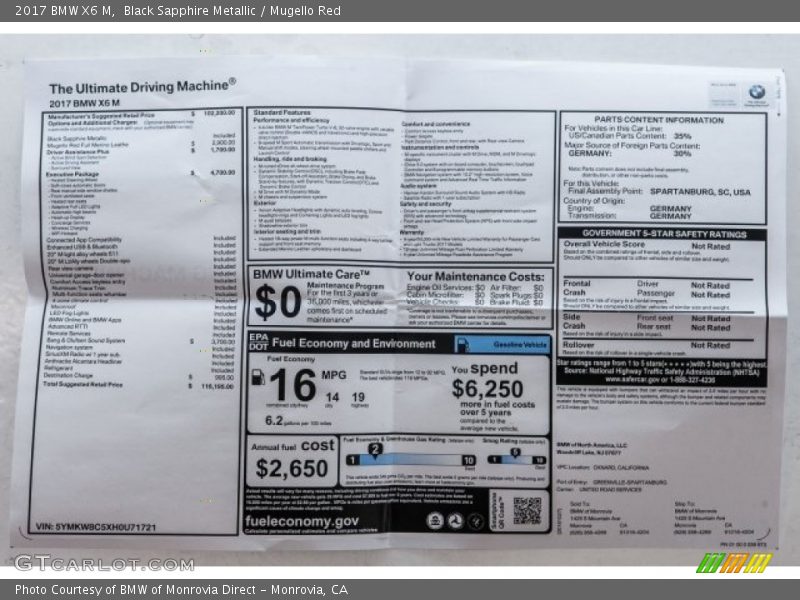  2017 X6 M  Window Sticker