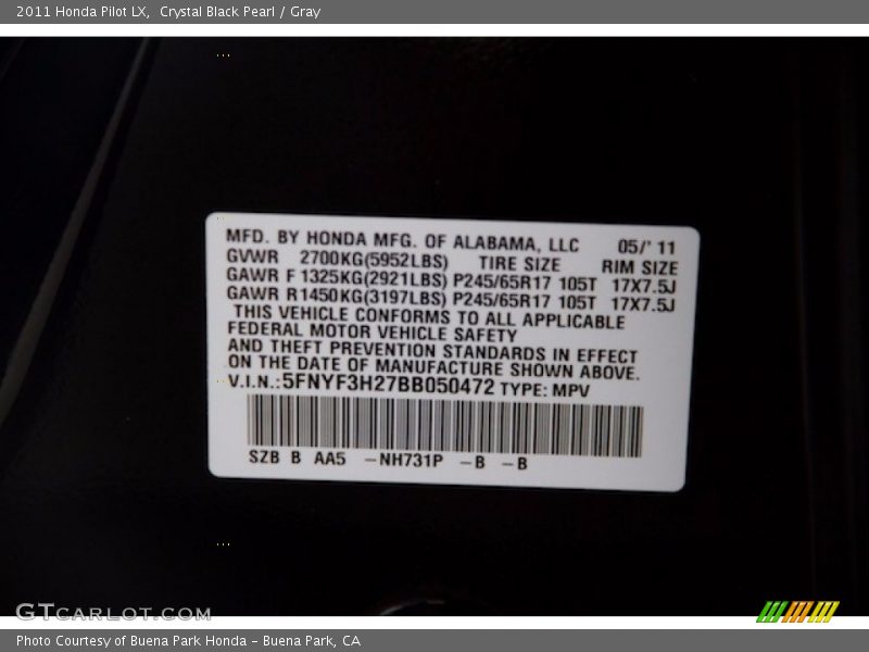 Crystal Black Pearl / Gray 2011 Honda Pilot LX