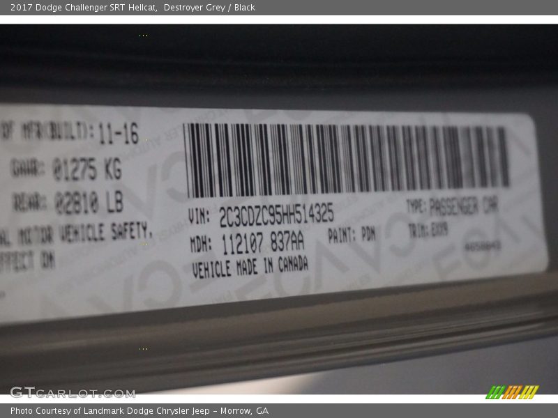 Destroyer Grey / Black 2017 Dodge Challenger SRT Hellcat